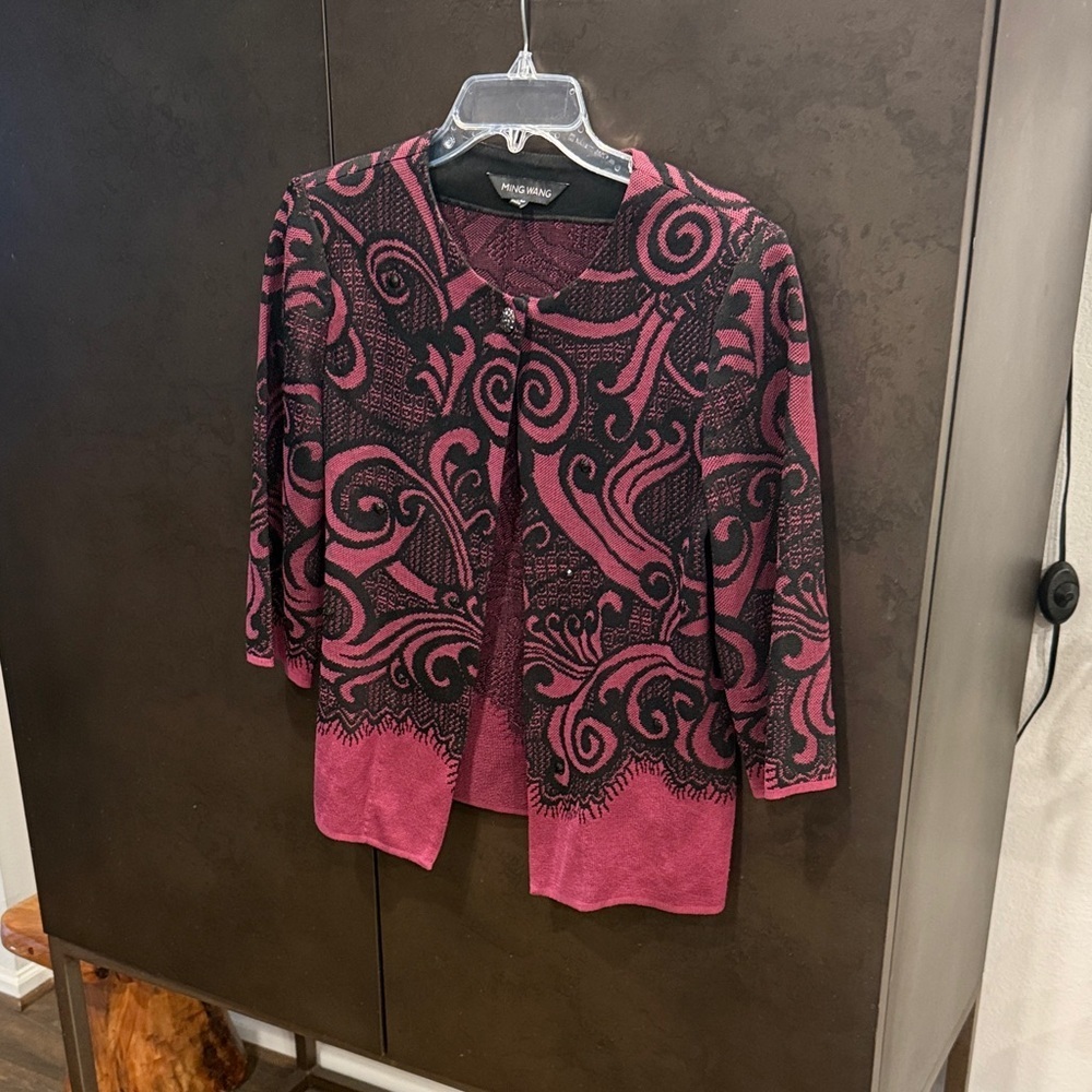 Ming Wang Pink and Black Patterned Cardigan
